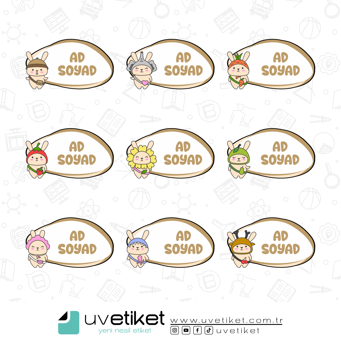 UV DTF Tavşan Okul Etiketleri