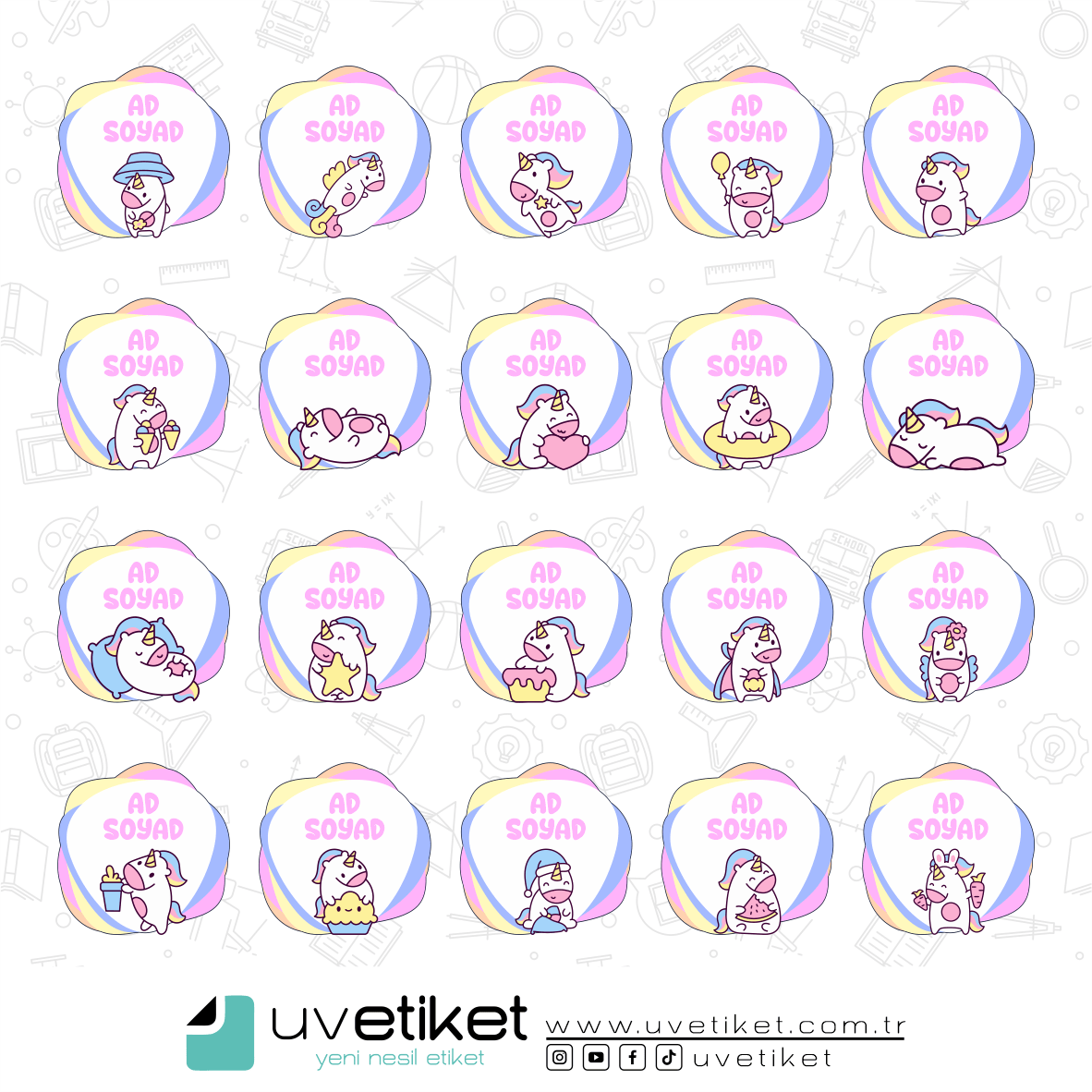 UV DTF Unicorn Okul Etiketleri